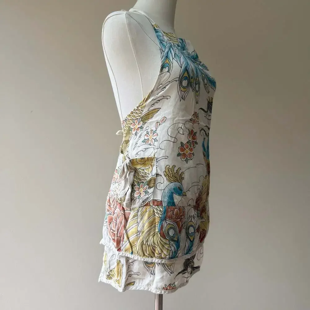 Vintage Geisha and Peacock Print Halter Apron with Pockets